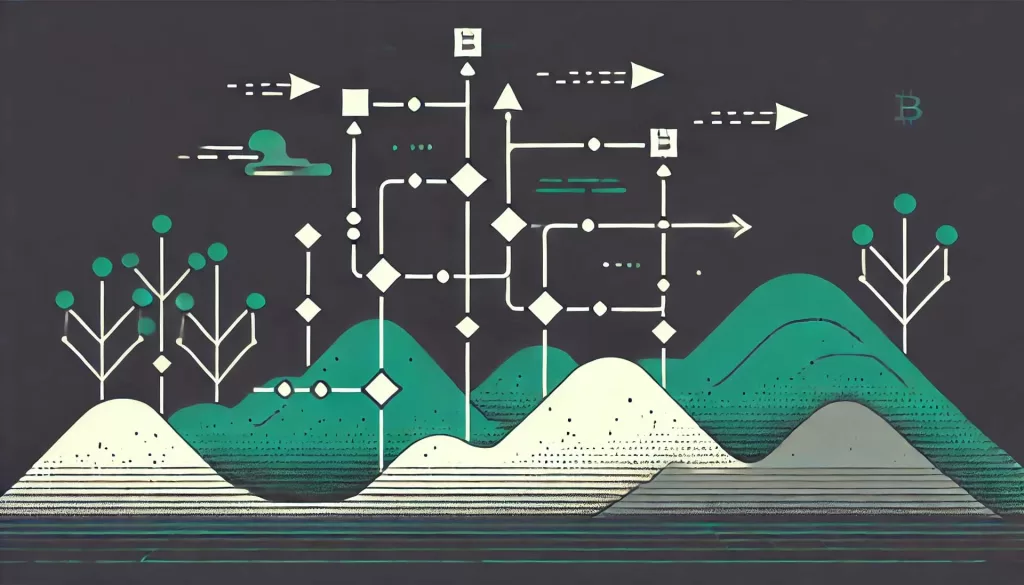 Ilustração minimalista mostrando o funcionamento das blockchains com uma série de blocos ou nós interconectados. Setas ou linhas indicam o fluxo de dados entre eles, enfatizando o conceito de conectividade e transferência de dados em uma rede blockchain.