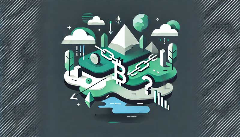 Ilustração minimalista mostrando os riscos e desafios do investimento em criptomoedas, com representações abstratas de vários riscos, como uma corrente quebrada para falhas de segurança, uma seta para baixo para volatilidade do mercado e um ponto de interrogação para incerteza. O design é simples e abstrato, enfatizando as possíveis armadilhas e dificuldades nos investimentos em criptomoedas, sem nenhum texto presente.