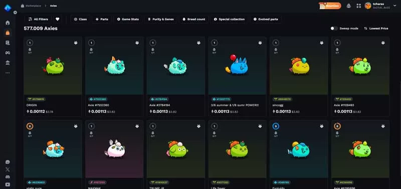 Imagem do marketplace do Axie Infinity exibindo alguns axies a venda.