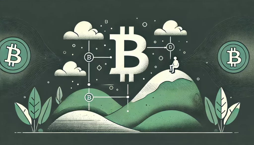 Ilustração minimalista mostrando o conceito de Bitcoin com a representação abstrata do símbolo do Bitcoin, junto com uma figura estilizada representando Satoshi Nakamoto, conectados por linhas ou setas para indicar criação e influência, enfatizando o mistério e a importância do Bitcoin e seu criador enigmático.