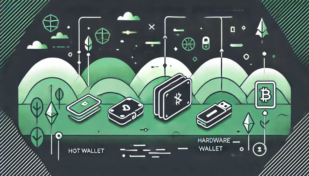 Ilustração minimalista mostrando a diferença entre carteiras de criptomoedas hot wallet, cold wallet e hardware wallet, com representações abstratas de uma hot wallet com um smartphone ou computador, uma cold wallet com um ícone de armazenamento offline e uma hardware wallet com um dispositivo semelhante a um USB. Linhas ou setas conectam esses ícones, destacando suas diferenças e usos, enfatizando os diferentes níveis de segurança e funcionalidades de cada tipo de carteira.