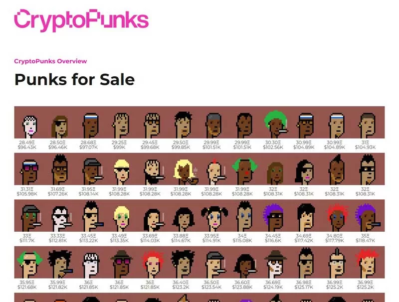 Imagem do site cryptopuunks.app exibindo alguns NFTs a venda para ilustrar o post O que são NFTs.