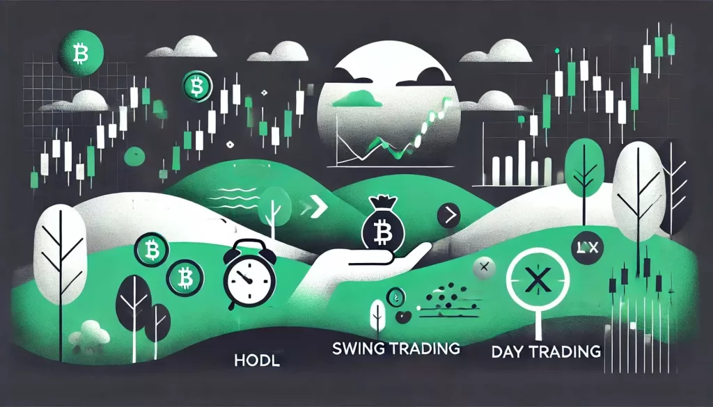 Ilustração minimalista mostrando estratégias de investimento em criptomoedas, com representações abstratas de cada estratégia, destacando HODL, swing trade e day trade. O design é simples e abstrato, enfatizando as diferentes abordagens para investir em criptomoedas.