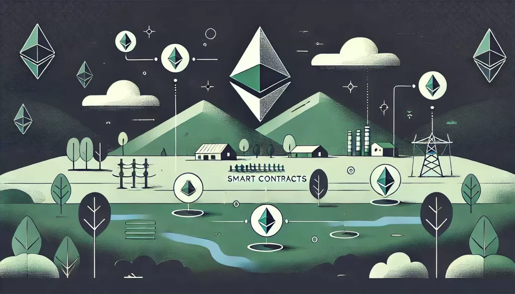 Ilustração minimalista mostrando o conceito de Ethereum com a representação abstrata do logotipo do Ethereum, junto com ícones ou símbolos representando contratos inteligentes, conectados por linhas ou setas para indicar interações e execuções, enfatizando a funcionalidade e inovação do Ethereum e a ideia de aplicativos descentralizados e acordos automatizados.