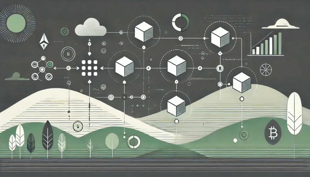 Ilustração minimalista explicando visualmente a criação de blocos na blockchain e a verificação de transações. A imagem apresenta uma sequência de blocos conectados por linhas simples, com ícones minimalistas representando transações dentro de cada bloco. Ao lado dos blocos, pequenos círculos ou formas geométricas simbolizam a verificação de transações, com setas indicando o fluxo de dados. O design é simples e elegante, com linhas finas e uma paleta de cores neutras, mantendo a clareza visual.