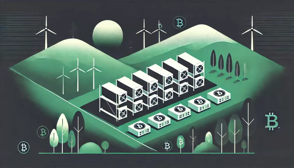 Ilustração minimalista mostrando uma fazenda de mineração de criptomoedas, com representações abstratas de filas de computadores ou servidores, sistemas de resfriamento e fontes de energia. Símbolos ou ícones que representam criptomoedas e mineração em blockchain estão presentes, enfatizando a escala e complexidade de uma fazenda de mineração.