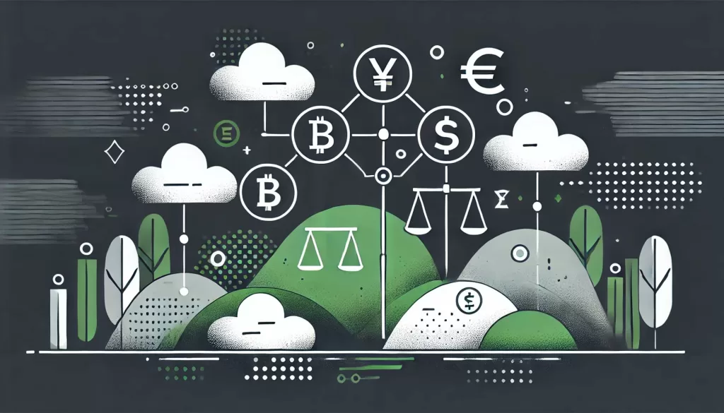 Ilustração minimalista mostrando o conceito de o que são stablecoins, com representações abstratas de moedas digitais e símbolos de estabilidade, como balanças ou âncoras, conectados a símbolos de moedas tradicionais como o dólar ou euro. O design é simples e abstrato, enfatizando a estabilidade e o valor ancorado das stablecoins.