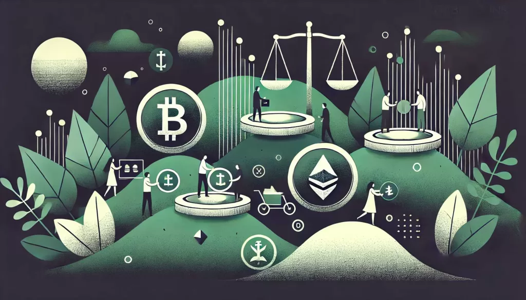 Ilustração minimalista mostrando o uso de stablecoins no post o que são stablecoins, com representações abstratas de moedas digitais com símbolos de estabilidade, como balanças ou âncoras, sendo usadas em transações. Pessoas ou ícones trocando stablecoins, fazendo compras ou utilizando-as em aplicações financeiras. O design é simples e abstrato, enfatizando os usos práticos e a natureza transacional das stablecoins.