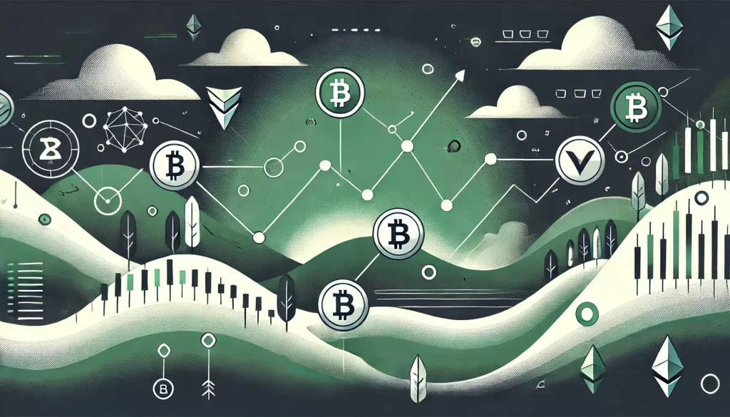 Ilustração minimalista mostrando o conceito de Arbitragem de criptomoedas, com representações abstratas de criptomoedas sendo compradas e vendidas rapidamente em diferentes exchanges. Setas conectando diferentes exchanges e símbolos de criptomoedas estão presentes. O design é simples e abstrato, enfatizando a compra e venda rápida para obter lucro na arbitragem de criptomoedas.