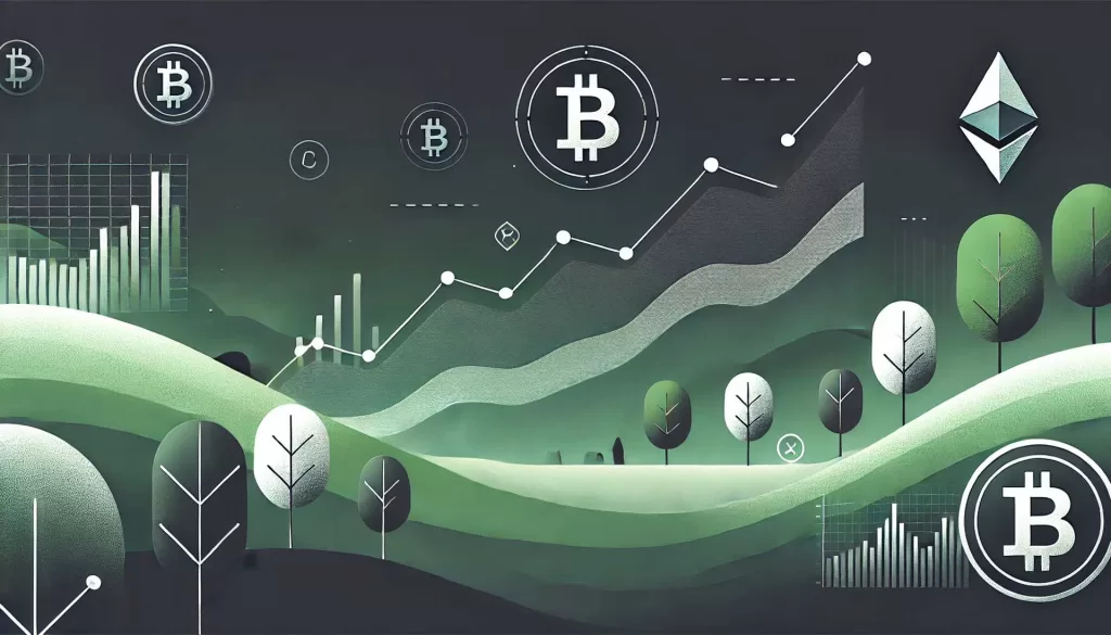 Ilustração minimalista mostrando um gráfico com uma valorização significativa no valor de uma criptomoeda, com representações abstratas de um gráfico de linha com uma tendência acentuada para cima e símbolos ou ícones representando a criptomoeda. O design é simples e abstrato, enfatizando a dramática subida de valor para ilustrar o post Como criptomoedas valorizam