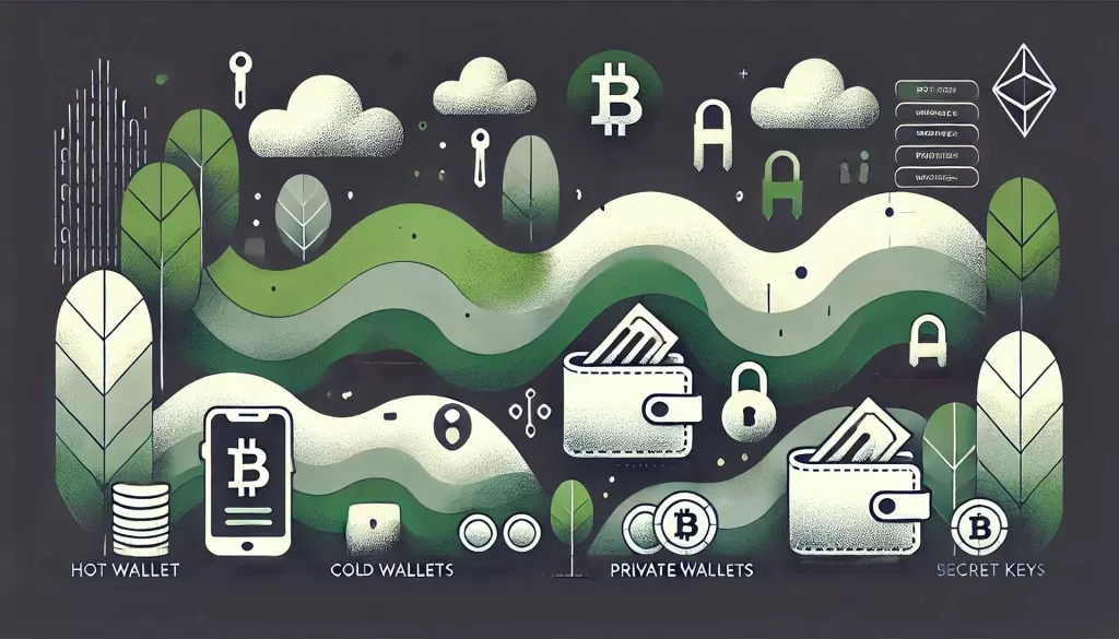 Ilustração minimalista mostrando diversas formas de guardar criptomoedas com segurança, com representações abstratas de hot wallets, cold wallets, carteiras de papel, chaves privadas e secret keys. O design é simples e abstrato, enfatizando a importância da segurança no armazenamento de criptomoedas.