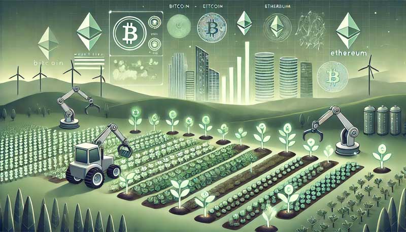 ilustração minimalista representa uma fazenda digital de alta tecnologia em uma paisagem urbana futurista, com culturas digitais representando diferentes criptomoedas, cuidada por braços robóticos, e gráficos holográficos exibindo o crescimento dos retornos ao longo do tempo. A cena reflete a natureza digital e descentralizada do yield farming, com um toque de ficção científica.