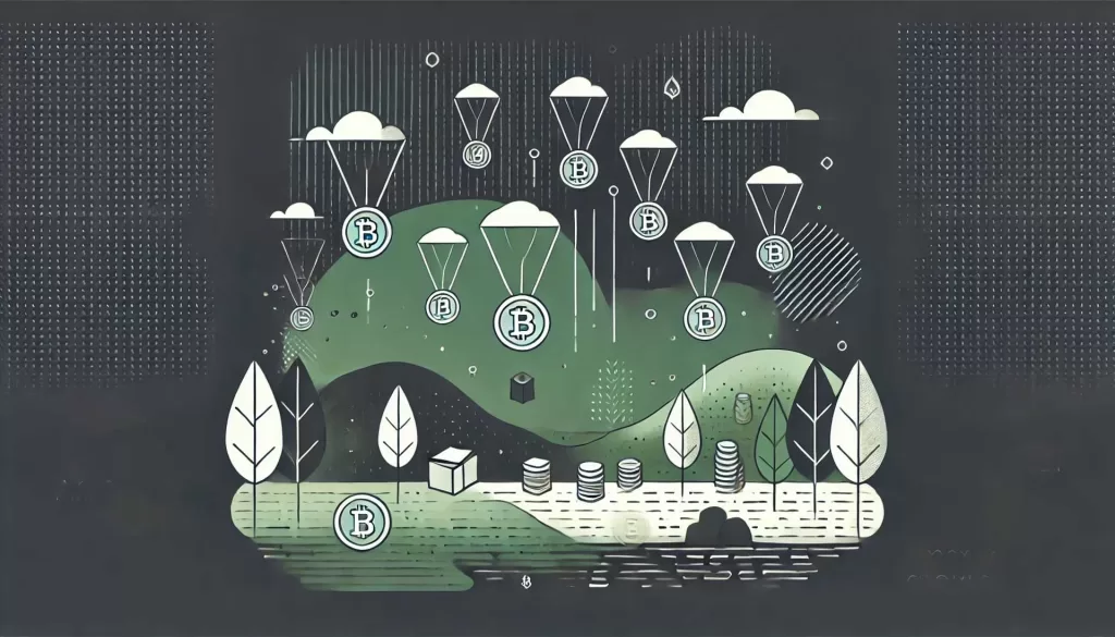 Ilustração minimalista mostrando o conceito de O que são airdrops no mundo das criptomoedas, com representações abstratas de moedas digitais ou tokens sendo distribuídos de cima, simbolizando o processo de airdrop. O design é simples e abstrato, enfatizando o conceito de distribuir criptomoedas gratuitamente para os usuários.