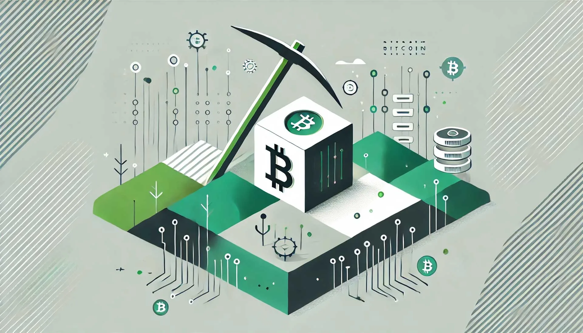 Ilustração minimalista representando o processo de mineração de Bitcoin, com uma picareta estilizada atingindo um bloco digital que possui um símbolo de Bitcoin (₿) sutilmente marcado. Ao fundo, linhas ou circuitos discretos representam a rede blockchain, com um ícone minimalista de computador ou servidor próximo, simbolizando o poder computacional necessário. O design é moderno e elegante, focando na simplicidade e clareza.