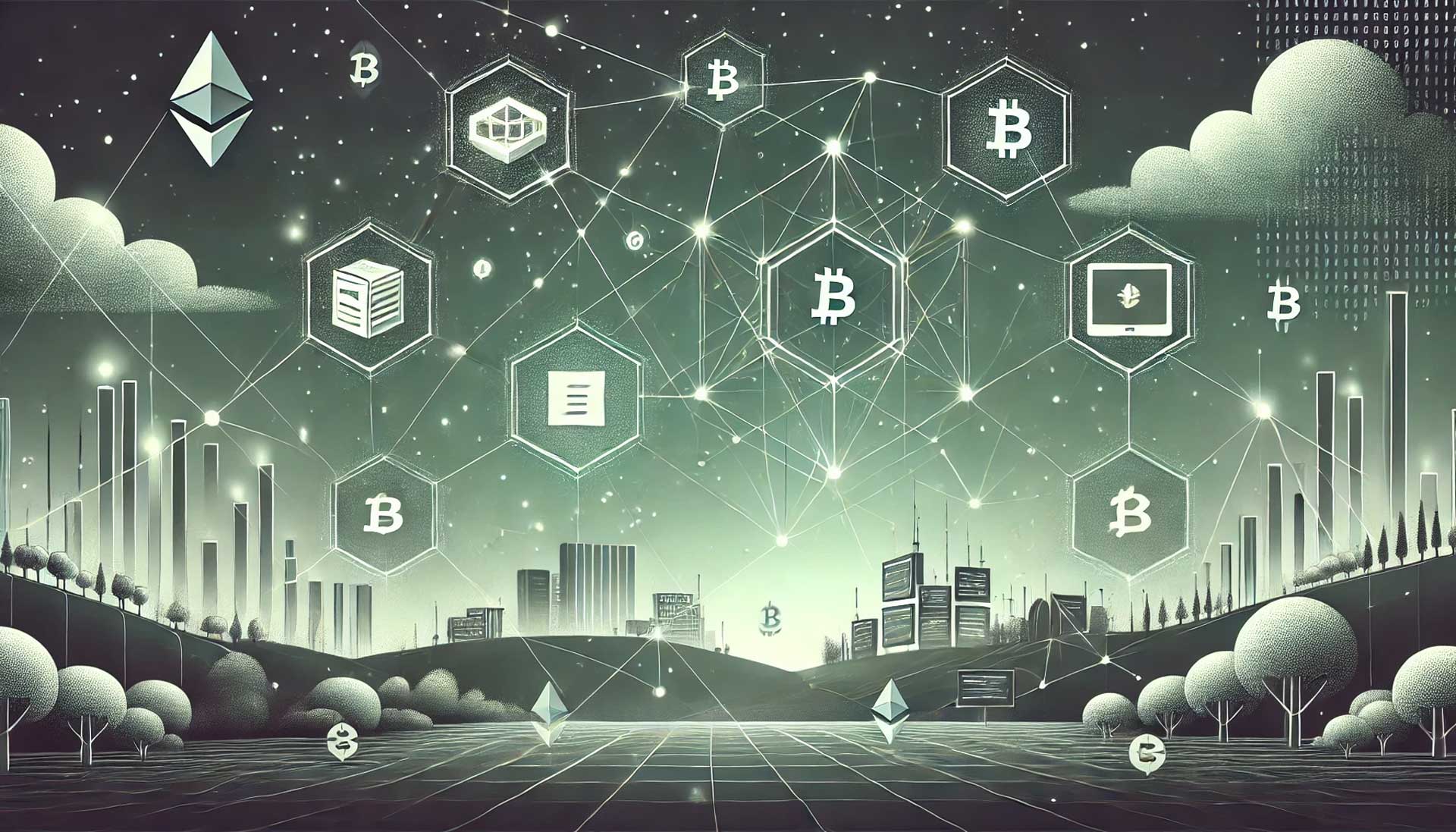 Ilustração minimalista mostrando uma representação futurista da era Web3, com uma rede descentralizada de DApps visualizada como ícones de software flutuando em uma teia de conexões hexagonais brilhantes, representando a descentralização e a segurança. Linhas de código conectam cada DApp, sugerindo transparência e imutabilidade do blockchain. Ao fundo, uma paisagem cibernética moderna com edifícios de blocos digitais e hologramas de dados ilustra a integração da tecnologia blockchain na sociedade. Ícones de criptomoedas flutuam ao redor, representando a economia digital integrada, enquanto o céu acima está cheio de constelações de dados, ligando todos os elementos e sugerindo a universalidade da Web3.