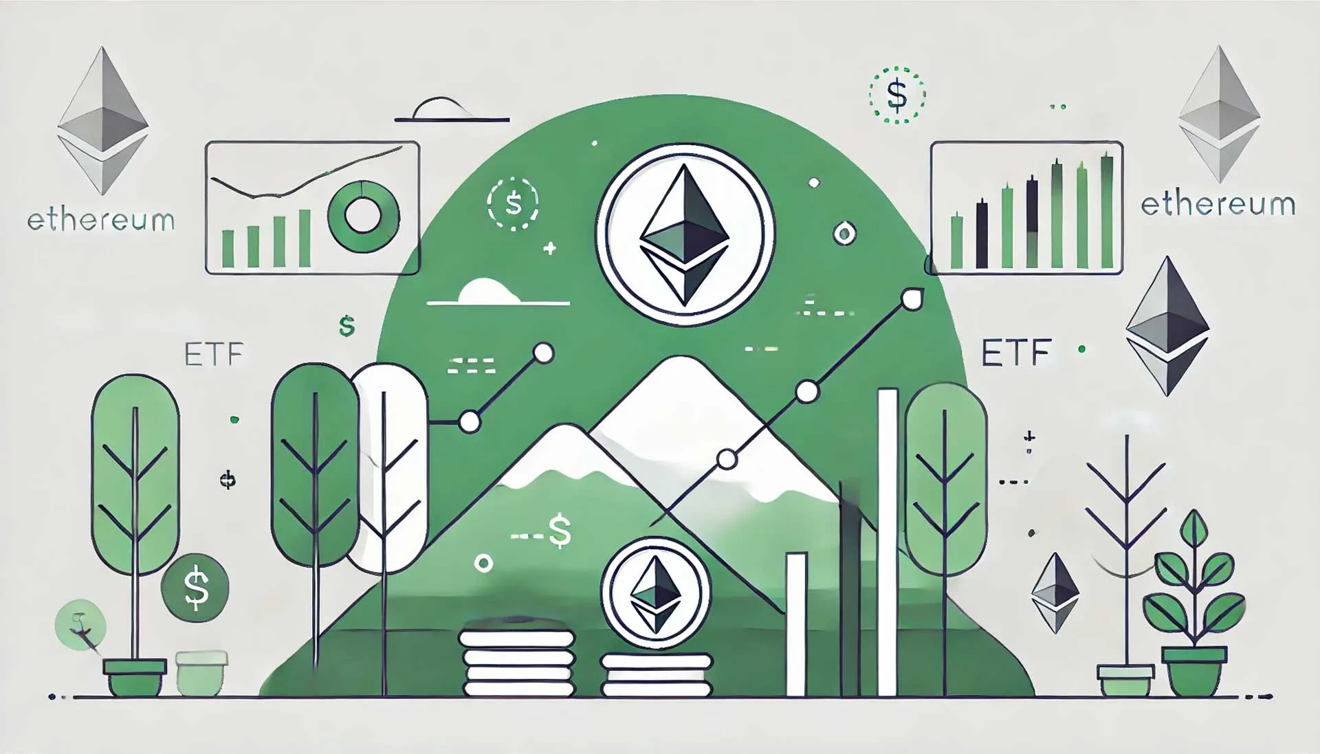 Ilustração minimalista explicando visualmente o conceito de ETFs de Ethereum. A imagem inclui elementos simples, como um ícone de Ethereum e símbolos representando investimentos, como setas subindo e uma representação simplificada de uma bolsa de valores. O design é limpo e fácil de entender, transmitindo a ideia de que ETFs de Ethereum são uma forma diversificada e regulada de investir em Ethereum.