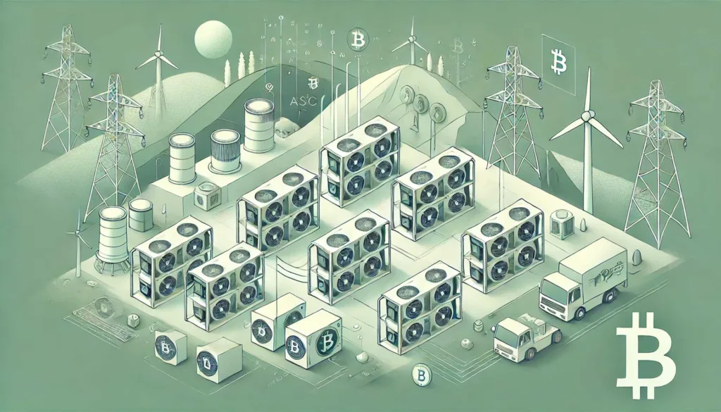 Ilustração minimalista representando o processo de mineração de Bitcoin, incluindo computadores de alto desempenho (ASIC miners), sistemas de resfriamento potentes, e equações matemáticas complexas simbolizando o trabalho criptográfico necessário. A cena se assemelha a uma instalação de mineração de alta tecnologia, com prateleiras de máquinas conectadas a uma rede digital de blockchain. Representações visuais do consumo de eletricidade, como linhas de transmissão ou um gerador, e a natureza descentralizada são destacadas por nós ou conexões com uma rede global, enquanto moedas digitais são sutilmente geradas como resultado do processo de mineração.