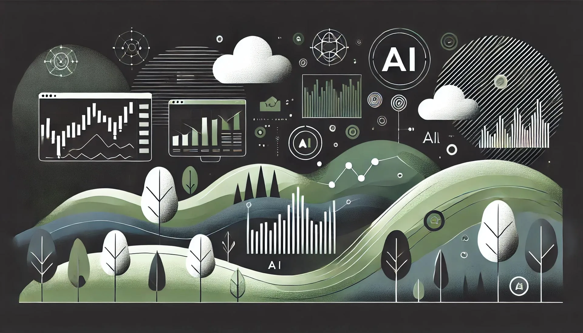 Ilustração minimalista mostrando o conceito de trading com a ajuda de IA, com representações abstratas de gráficos de trading, símbolos de IA e interfaces digitais. O design é simples e abstrato, enfatizando a integração da inteligência artificial nas atividades de trading