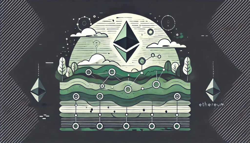 Ilustração minimalista mostrando o conceito de soluções de camada Layer 2 do Ethereum, com representações abstratas de camadas de blockchain, símbolos do Ethereum e redes interconectadas. O design é simples e abstrato, enfatizando o conceito de soluções de escalabilidade de camada Layer 2 para o Ethereum.